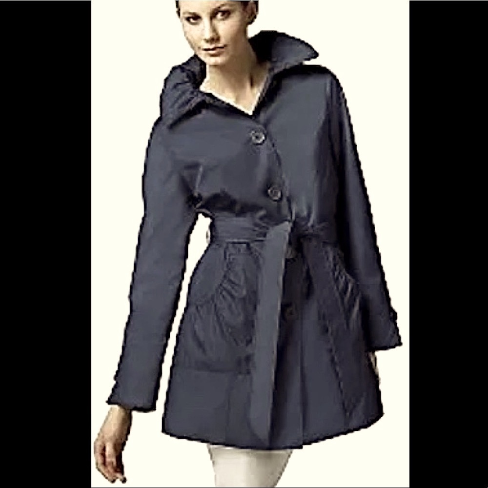 Dennis Basso Black Water Resistant Ruched Collar Raincoat / Jacket with Hood XL